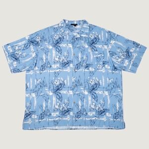 Tulliano Mens 5X Silk Hawaiian Shirt Blue Tropical Cocktail Palm Leaf Camp Top